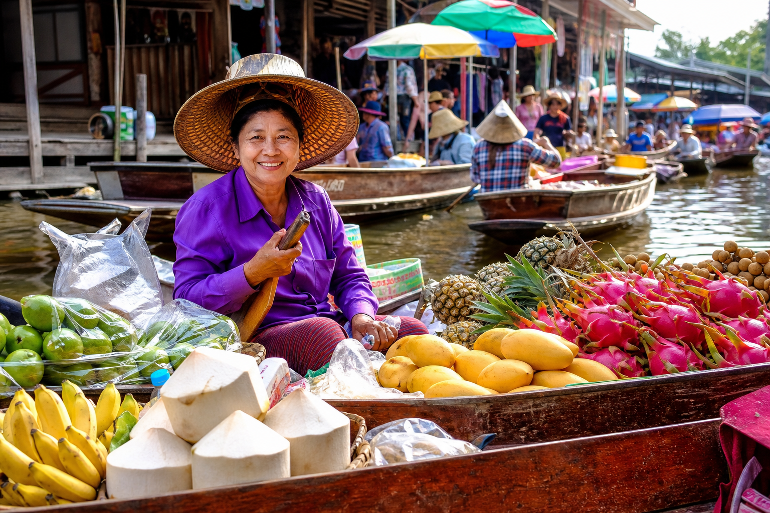 Thai vendor at floating market with tropical fruits
