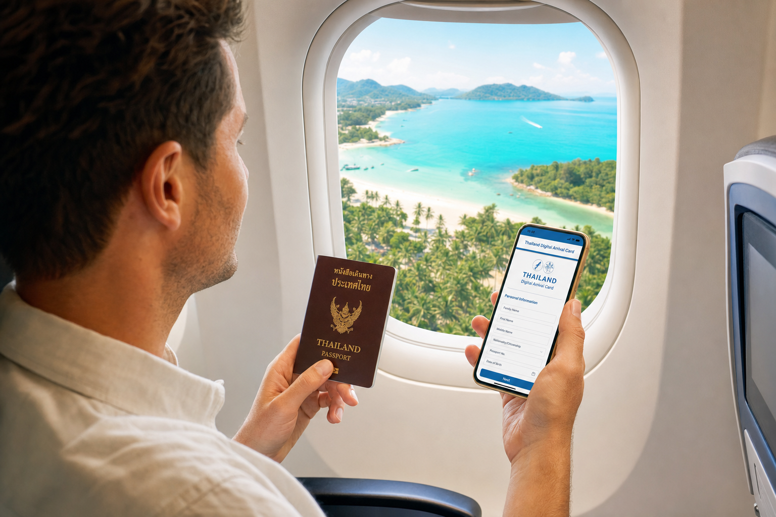 Traveller filling Thailand Digital Arrival Card on smartphone with passport in hand on a plane to Thailand