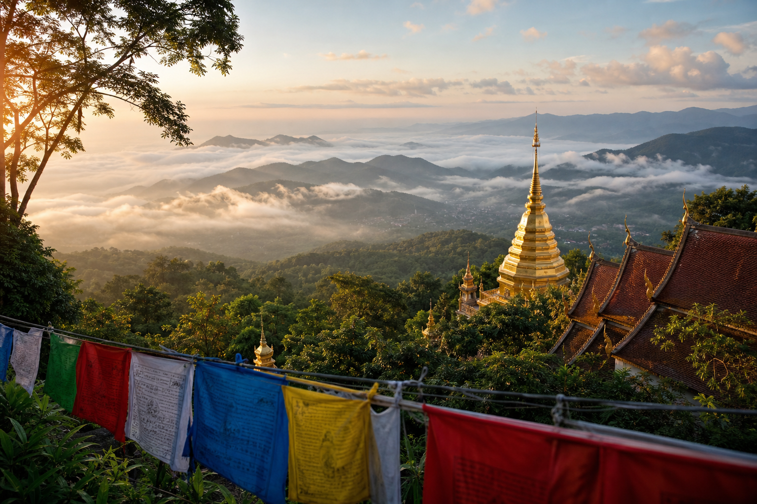 Chiang Mai mountain temple with golden chedi above misty valleys