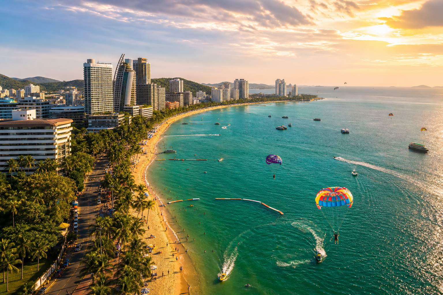 Pattaya beach skyline with hotels parasailing and turquoise sea