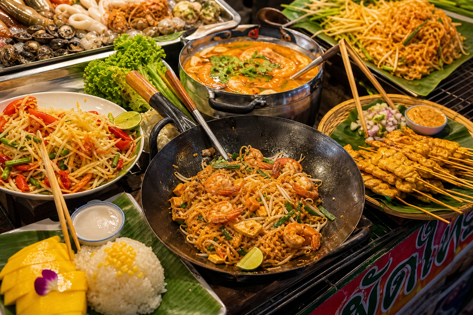 Thai street food including pad thai, green papaya salad and satay